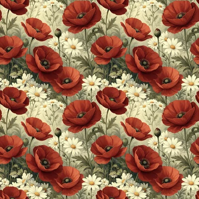 Seamless vintage botanical pattern featuring deep red poppies and white daisies with green foliage on a cream background