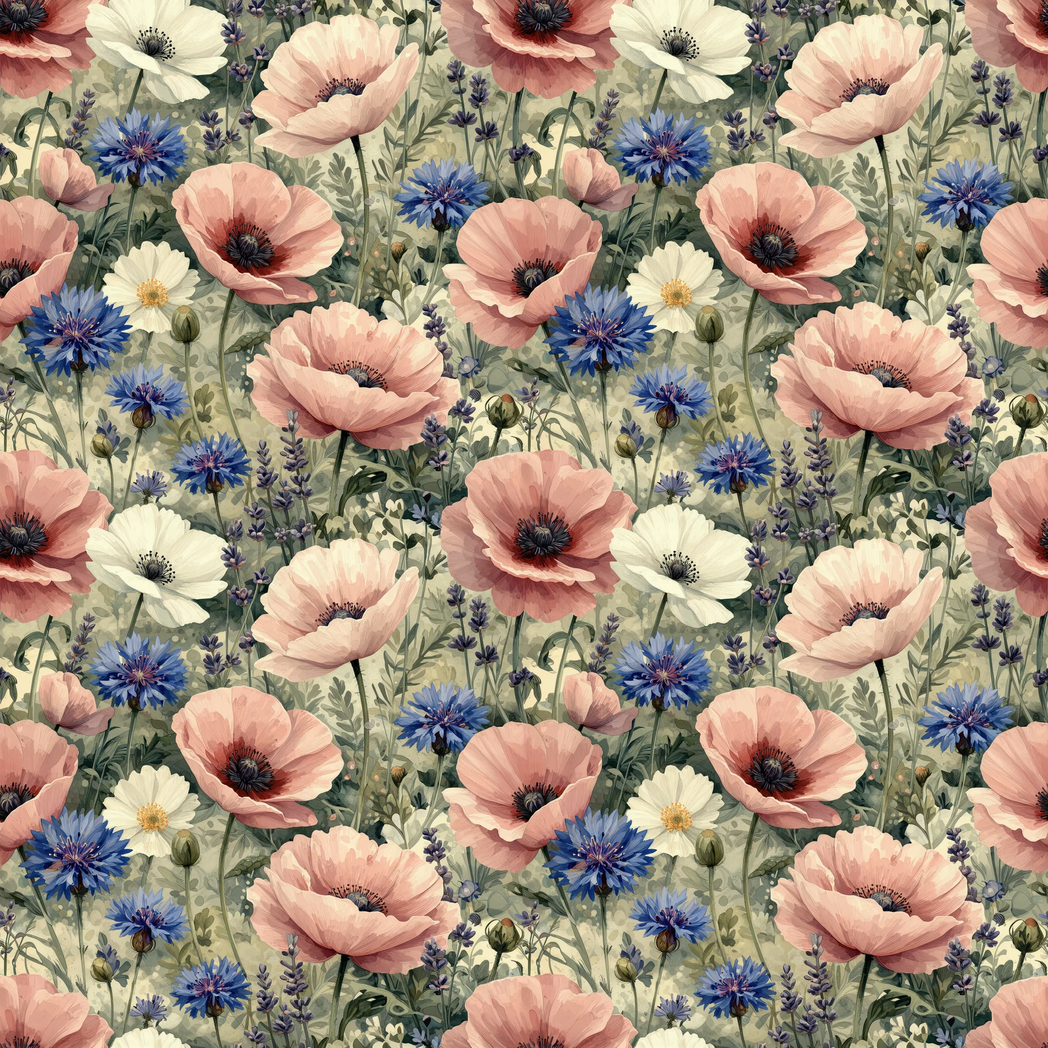 Seamless pattern of soft pink poppies, blue cornflowers, white daisies, and lavender sprigs scattered across a sage green background in a vintage watercolor style