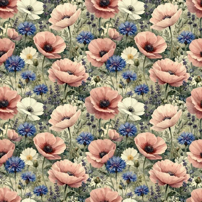 Seamless pattern of soft pink poppies, blue cornflowers, white daisies, and lavender sprigs scattered across a sage green background in a vintage watercolor style