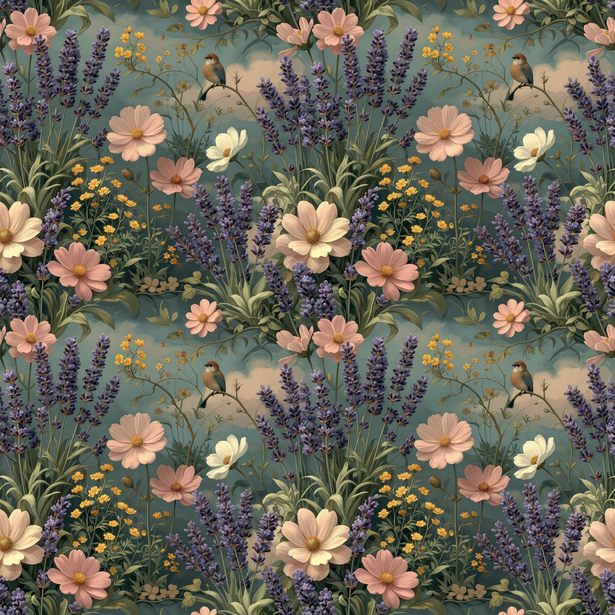 Seamless vintage botanical pattern featuring pink cosmos flowers, purple lavender sprigs, small yellow wildflowers, and perched birds on a muted teal background.